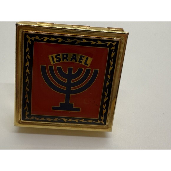 Old Vintage Israeli Menorah Pill Box Or Trinket Metal Gold-Tone Travel - Picture 11 of 11